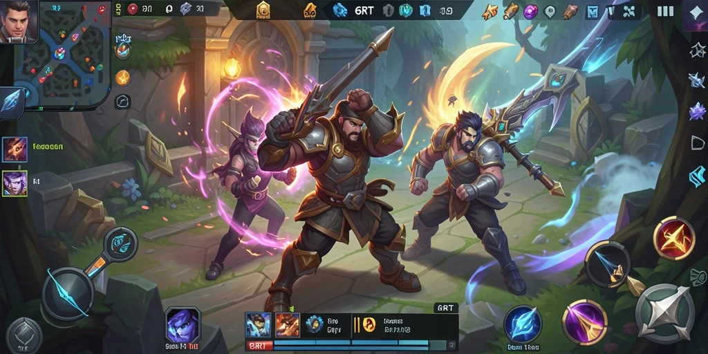 Screenshot 6RT menampilkan aksi pertarungan tim dalam gameplay MOBA.