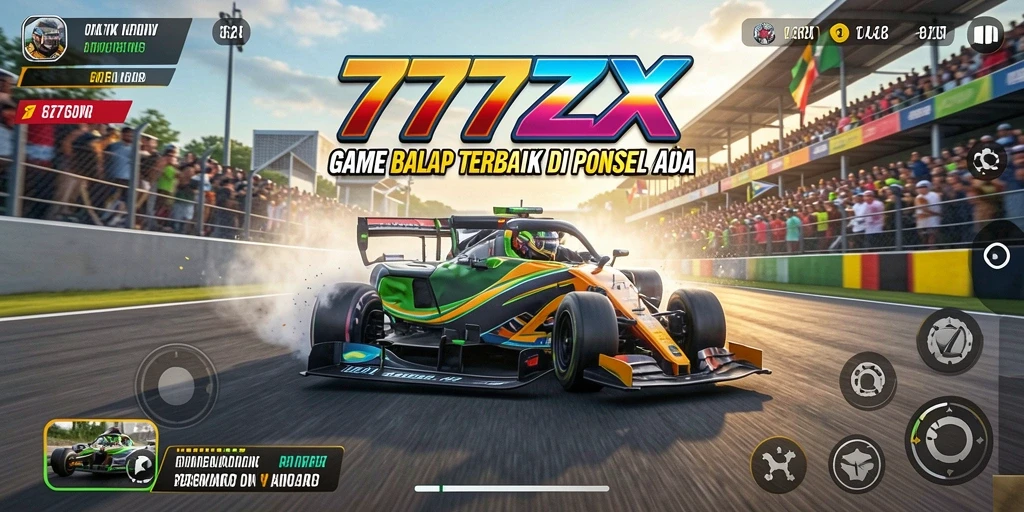 Screenshot gameplay <strong>777ZX</strong> menunjukkan balapan yang mendebarkan dengan mobil berkecepatan tinggi.