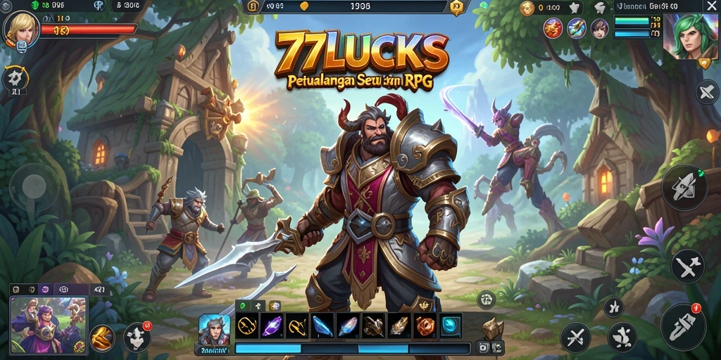 Tampilan screenshot utama 77LUCKS yang menampilkan pertarungan epik.