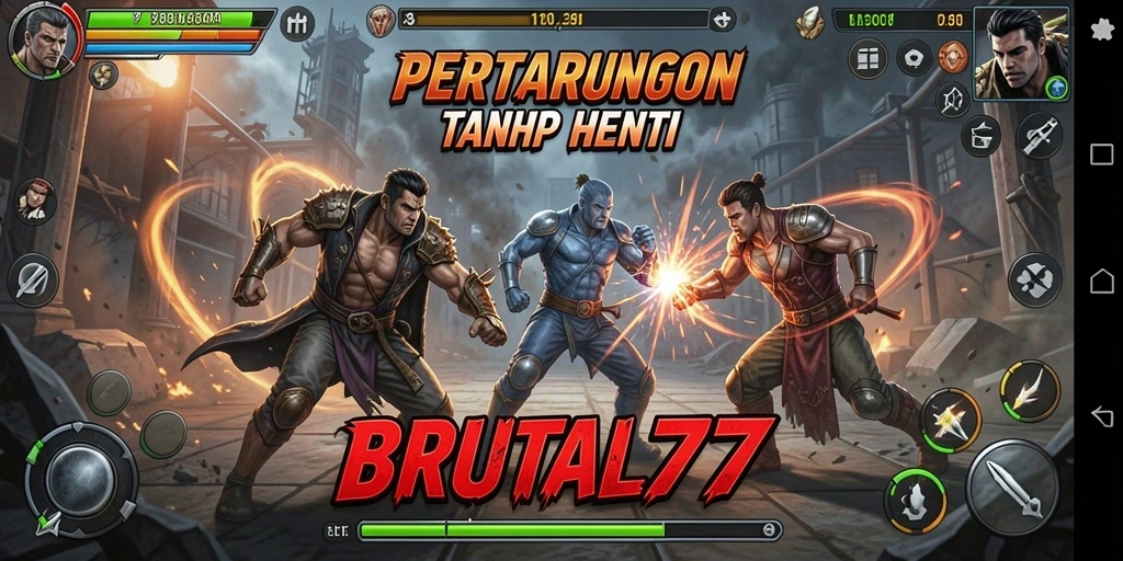 Tangkapan layar BRUTAL77 yang menunjukkan pertarungan intens dan grafis memukau.
