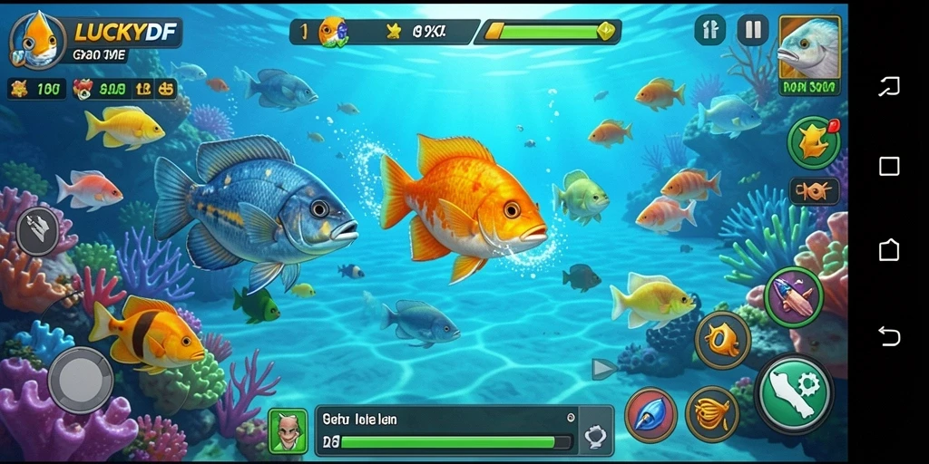 Tampilan gameplay LUCKYDF saat menembak ikan.