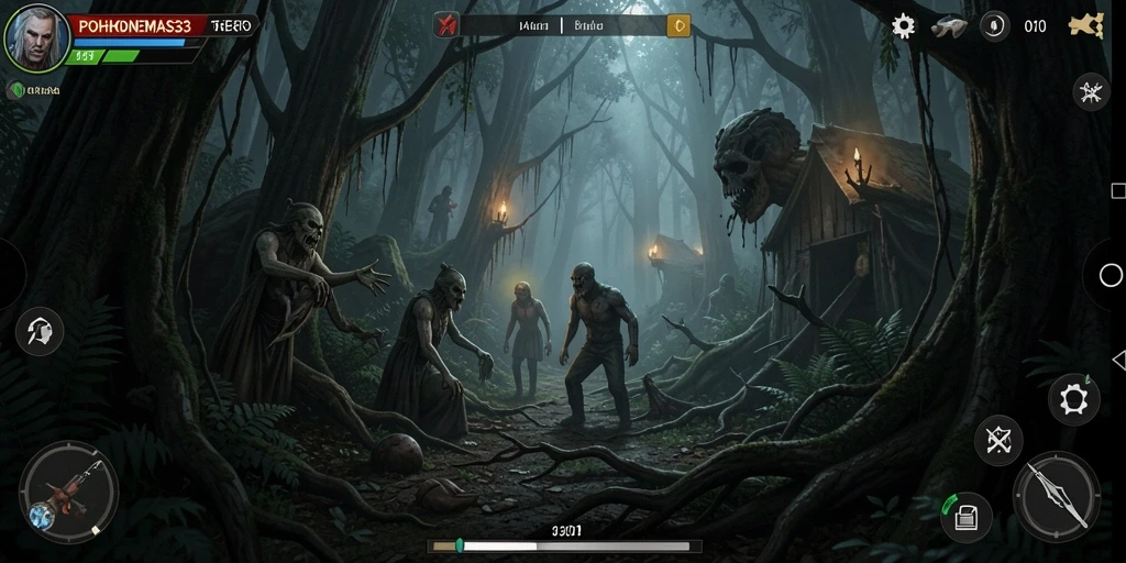 Screenshot gameplay <strong>POHONEMAS33</strong> yang menunjukkan momen mencekam di hutan angker.