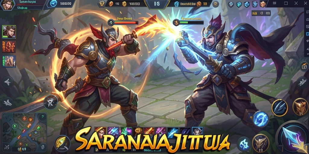 Screenshot gameplay SARANAJITU yang menunjukkan pertarungan epik.