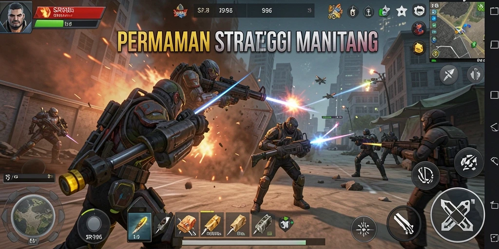 Tangkapan layar utama menunjukkan aksi strategi intens dalam SR996.
