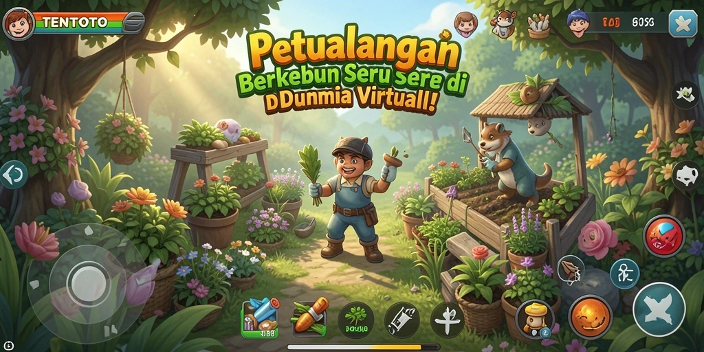 Screenshot utama TENTOTO menampilkan pemain yang sedang merawat kebun dengan ceria.